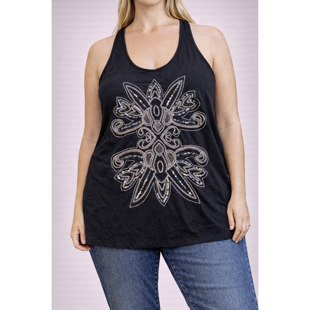 Rock & Republic Black Beaded Sequin Embellished‎ Racerback Tank Top Womens L
